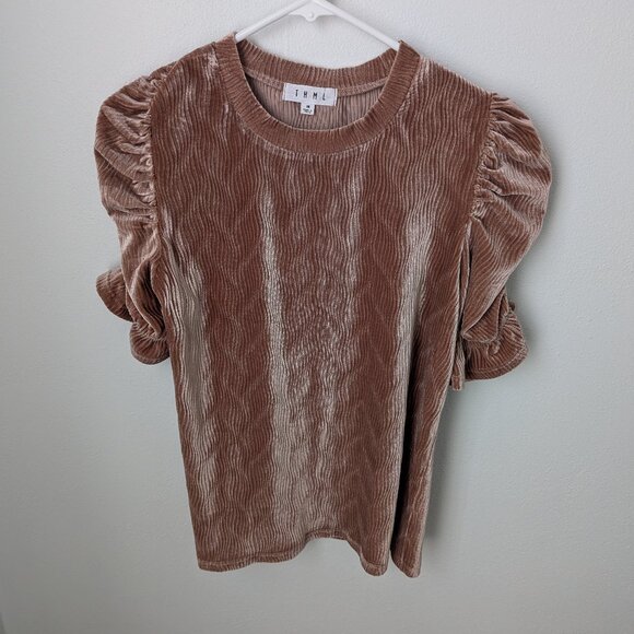 THML Tops - THML Women's Puffed Sleeve / Ruffled Arm Light Brown Velvet Top, Medium